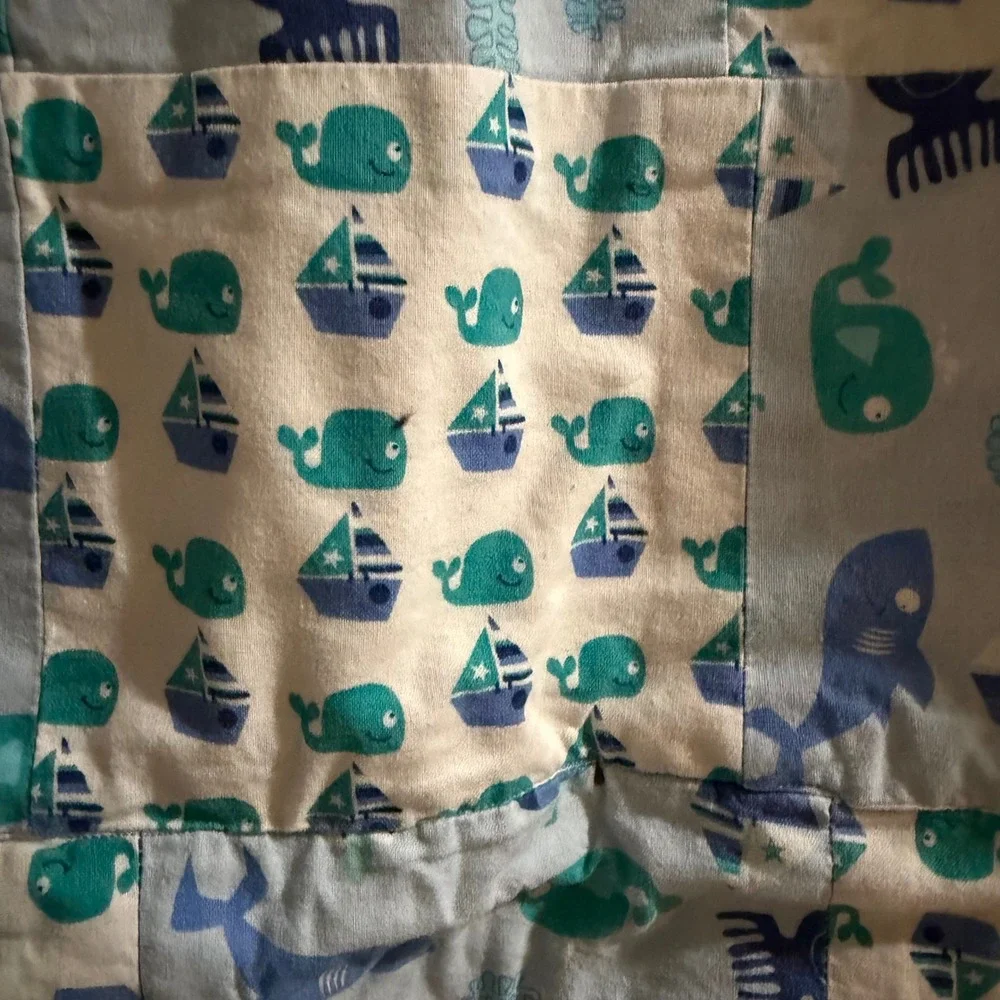 Handmade Nautical Baby Quilt Blue Teal Whale Shark Sailboat Reversible Unisex